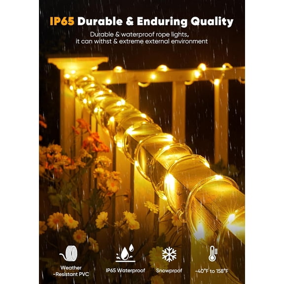 FGTHBF-Solar Rope Lights, 39FT 100LED Outdoor Solar String Lights, IP65 Waterproof Solar Powered Fairy Lights with 8 Lighting Modes for Party Garden Patio Pool Backyard Tree Decoration, Warm White