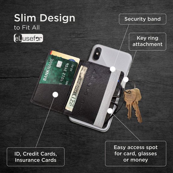 FGTHBF-Stick-On Phone Wallet for Back of iPhone or Android Case | 6 Sleeve Credit Card Holder - Pocket for Cards, Money & ID - Built-in Stand - Waterproof Material - Travel, Work & Life-Proof Black