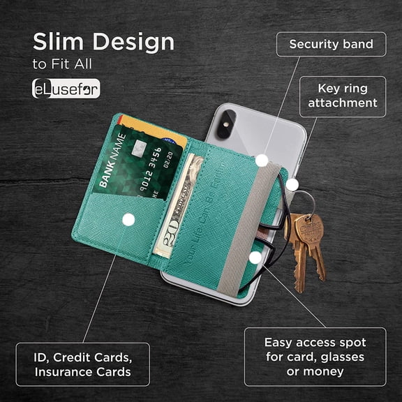 FGTHBF-Stick-On Phone Wallet for Back of iPhone or Android Case | 6 Sleeve Credit Card Holder - Pocket for Cards, Money & ID - Built-in Stand - Waterproof Material - Travel, Work & Life-Proof - Turqu