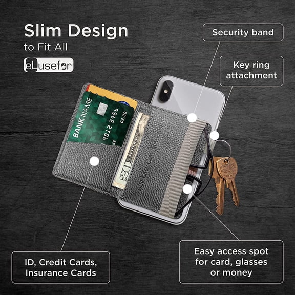 FGTHBF-Stick-On Phone Wallet for Back of iPhone or Android Case | 6 Sleeve Credit Card Holder - Pocket for Cards, Money & ID - Built-in Stand - Waterproof Material - Travel, Work & Life-Proof - DimGr