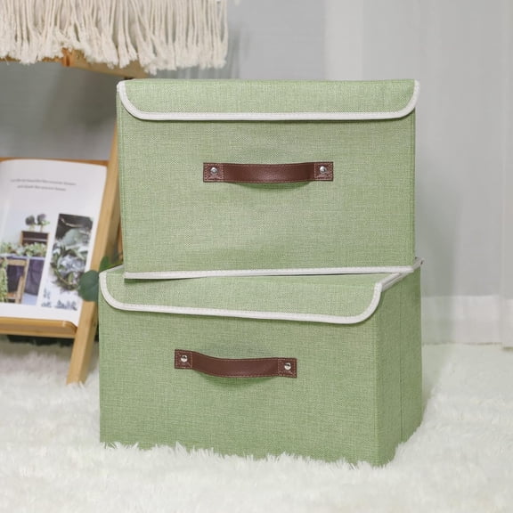 FGTHBF-Storage Bin with Lid Storage Boxes with PU Leather Handles PP Plastic Board Decorative Foldable Lidded Cotton Linen Fabric Home Cubes Baskets Closet Organizer Container - Green, Medium