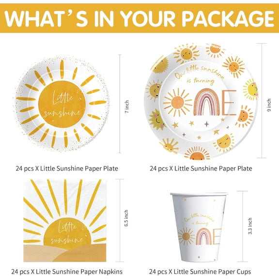 FGTHBF-Sunshine 1st Birthday Decorations Tableware - Boho First Trip Around The Sun Birthday Decorations Party Supplies, Paper Plate, Cup, Napkin, Tablecloth, Cutlery | Serves 24