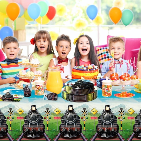 FGTHBF-Train Birthday Tableware Train Party Tableware Include Dinner Plate Dessert Plate Cup Napkin Tablecover Straw, Decorations for Locomotive Party Supplies Serves 20
