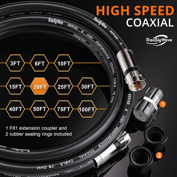 FGTHBF-TranSigWave 20FT RG6 Coaxial Cable Set - High-Speed Internet, Broadband and Digital TV Aerial, Satellite Sky Cable Extension- Weather-Sealed Double Rubber O-Ring and Compression Connectors Bla