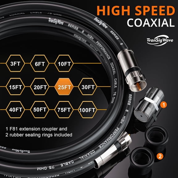 FGTHBF-TranSigWave 25FT RG6 Coaxial Cable Set - High-Speed Internet, Broadband and Digital TV Aerial, Satellite Sky Cable Extension- Weather-Sealed Double Rubber O-Ring and Compression Connectors Bla