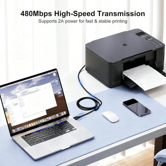 FGTHBF-USB 2.0 Printer Cable 3M (10ft), Long USB A to B Gold-Plated Cord, Durable PVC, Ferrite Core Anti-Interference, 480Mbps, Supports 2A for Printers & More