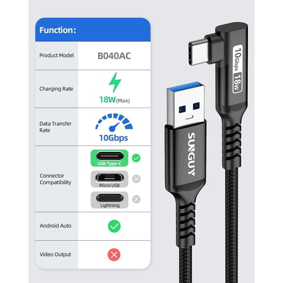 FGTHBF-USB C Carplay Cable 3FT, Right Angle Android Auto Cable, 3A Fast Charge & 10Gbps Data Sync Cord Compatible with iPhone 17/16/15 Pro Max, Samsung T7, Galaxy S21 S20, Pixel 6 5, SSD (Black)