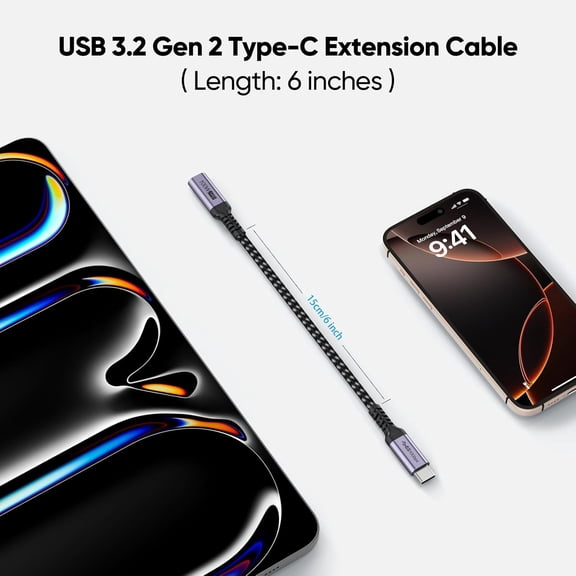 FGTHBF-USB C Extension Cable 6 inch Short, Full-Function Extender USB 3.2 Gen 2 Type C Male to Female Cord 100W Fast Charge 10Gbps Transfer 4K@60Hz Video for Monitor Laptop Tablet Mobile Phone -0.5Ft
