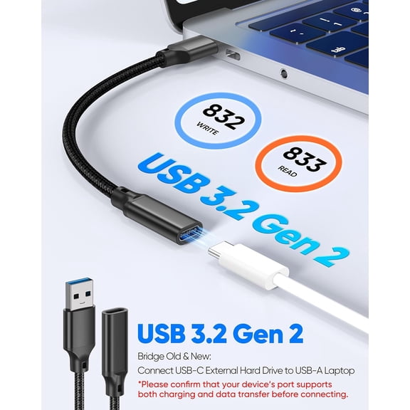 FGTHBF-USB C Female to USB Male Adapter 2-Pack, 10Gbps Short USB C Female to USB A Male Extension Cable 6in, USB 3.2 Gen 2 OTG,60W &3A Charging USBA to USBC Adapter Cable for Laptop,PC,U Disk,Mag-saf