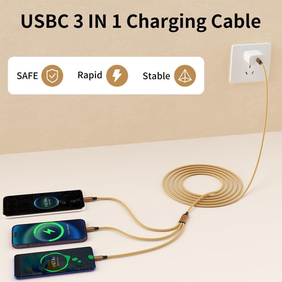 FGTHBF-USB C Multi Charging Cable [2Pack 4FT], 3 in 1 Charging Cable Nylon Braided USB-C Multiple Charger Cord with Type-C, Micro USB and IP Port for Cell Phones and More (Golden)