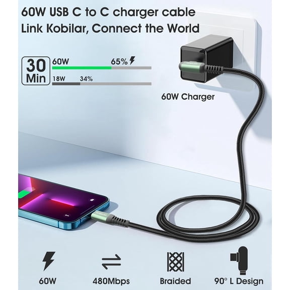 FGTHBF-USB C to USB C Cable, Braided Type C Charger Fast Charging Right Angle Cable, Type C 90 Degree for iPhone 17/16 Pro Max Plus, iPad Pro, USB C Cable for Samsung S25 S24 5pack-1.5+5+5+10+10ft