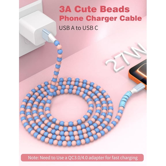 FGTHBF-USB A to USB C Cable 3FT,Beaded Charger Cord for iPhone 17 16 Pro Max 16e 15 Car play,Cute TypeC Car Charger Charging Cord for iPad 10 11th/Samsung S26 S25 S24/Pixel/Android Phone Girls Women,