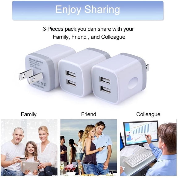 FGTHBF-USB Wall Charger, Charging Adapter 3Pack 2.1A Dual Port USB Wall Charging Plug Block Head Box Travel Charger Cube Compatible iPhone 17 16 15 14 13 12 Pro Max XS XR 8 Plus,Pad,Pod,Samsung,Andro