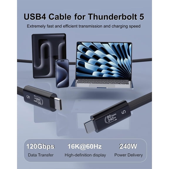 FGTHBF-USB4 Cable for Thunderbolt 5 Cable, 80Gbps USB C Cable, Bandwidth up to 120Gbps,16K/Dual 8K Display and 240W Charging, 3.3FT USB C to USB C Cable Compatible with Thunderbolt 5/4