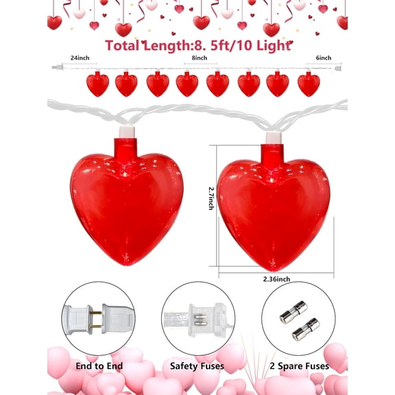 FGTHBF-Valentines Red Heart String Lights Plug in, 8.5Ft Outdoor Valentine's Day Decorations Lights with 10 LED Red Heart Lights, Heart Fairy String Lights for Indoor Home Window Wedding Party Xmas D