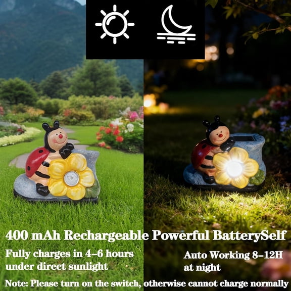 FGTHBF-WYQF501 Solar Outdoor Light Unique Ladybug and Shoe Design, Durable Resin Landscape Light for Pathways and Steps