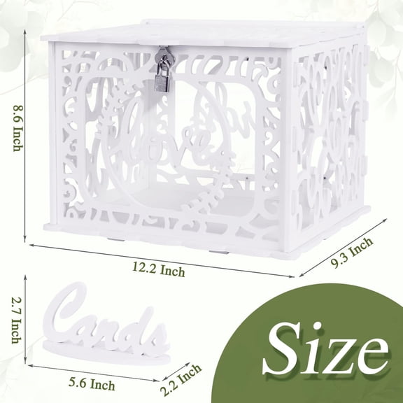 FGTHBF-White PVC Storage Box for Wedding, 12.0 x 9.3 x 8.5 inches, Holds 300+ Cards, Waterproof, DIY Decorations, Lock & String Light Included
