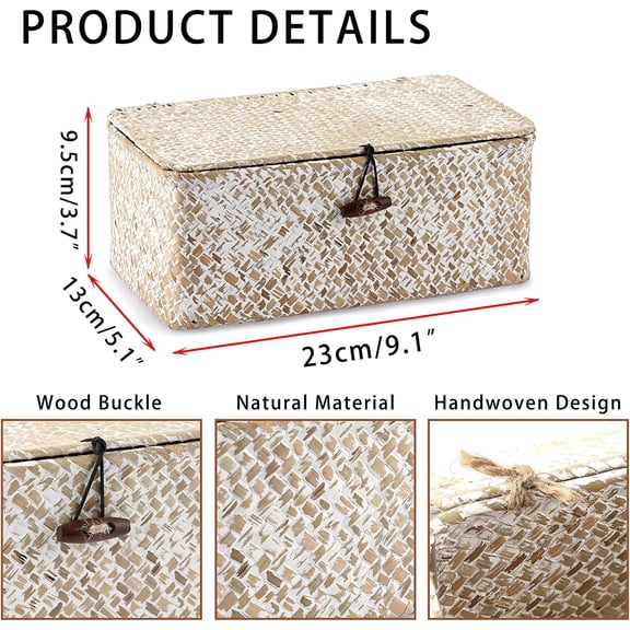 FGTHBF-Wicker Shelf Baskets with Lid, Woven Seagrass Storage Basket Bin Rectangular Household Basket Boxes for Shelf Home Organizer and Decor, Whitewash X-Small