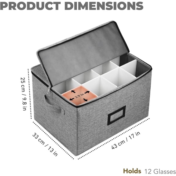 FGTHBF-Wine Glass Storage Box with Dividers,Stemware Storage Box with Dividers, Grey Polyester, 17x13x10 Inches, 12 Compartments, Zippered Wine Glass Container with Handles and Label Holder(1)