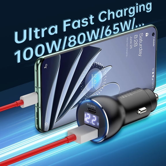 FGTHBF-for Oneplus Car Charger 100W 80W 65W Fast Charge for One Plus 15 15R 13 12 13R 12R 11 10 Pro 9 10T 8T 8 7T 7 Open Pad Nord 2T CE 3 4 N20 N30 N100, 25W PD PPS USB C Port 3ft Cable