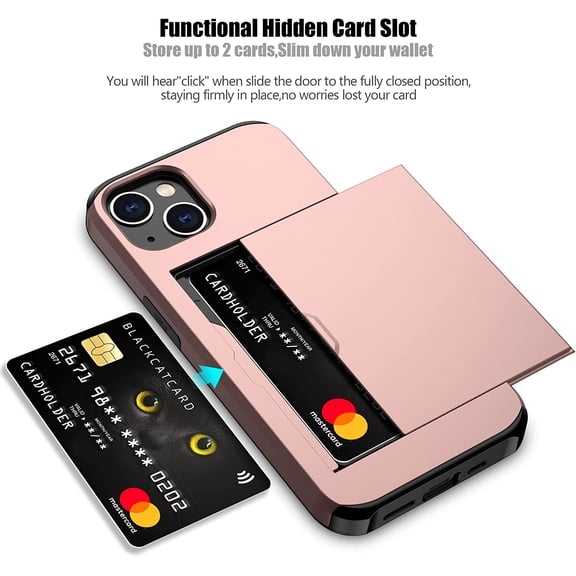 FGTHBF-for iPhone 14 Case with Card Holder Heavy Duty Protective Dual Layer Shockproof Hidden Card Slot Slim Wallet Case for iPhone 14 for Women&Men(Rose Gold)