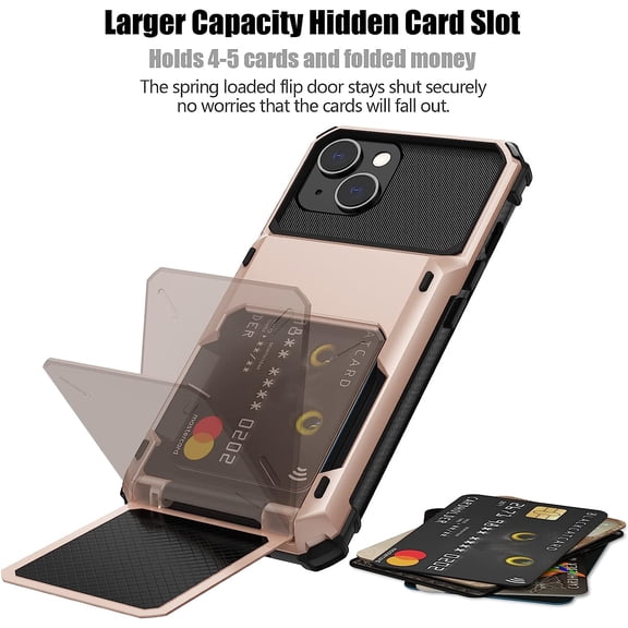 FGTHBF-for iPhone 14 Case with Card Holder[Store 5 Cards] Dual Layer Heavy Duty Shockproof iPhone 14 Wallet Case with Hidden Card Slot Large Storage Case for iPhone 14(Rose Gold)