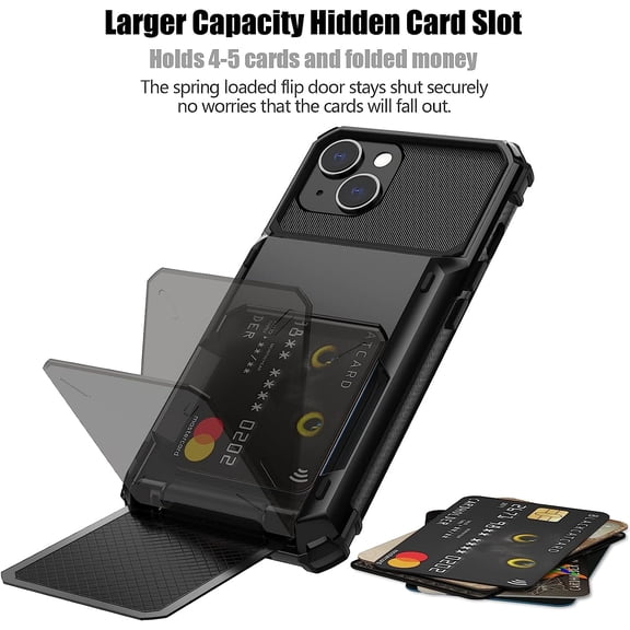 FGTHBF-for iPhone 14 Case with Card Holder[Store 5 Cards] Dual Layer Heavy Duty Shockproof iPhone 14 Wallet Case with Hidden Card Slot Large Storage Case for iPhone 14(Black)