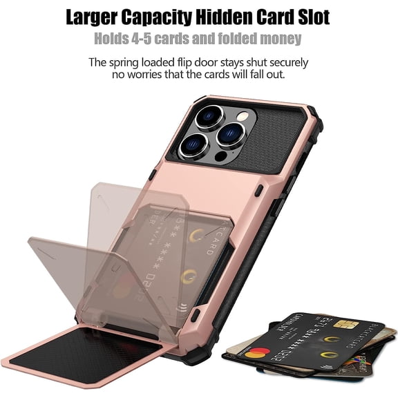 FGTHBF-for iPhone 14 Pro Case with Card Holder[Store 5 Cards] Dual Layer Heavy Duty Shockproof iPhone 14 Pro Wallet Case with Hidden Card Slot Large Storage Case for iPhone 14 Pro(Rose Gold)