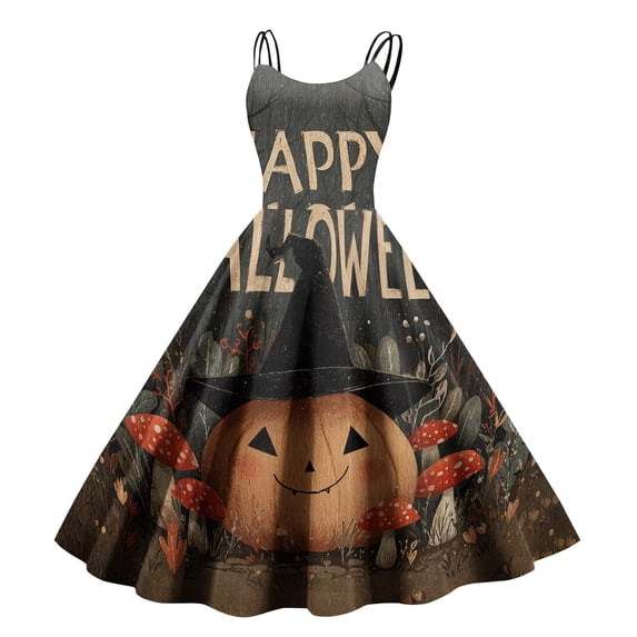 FGVCTG Halloween Ghost Sleeveless Dresses For Women, Off Shoulder Spaghetti Strap Fashion Casual Pumpkin Ghost Print Flared Swing Party Midi Dress Light Brown XL
