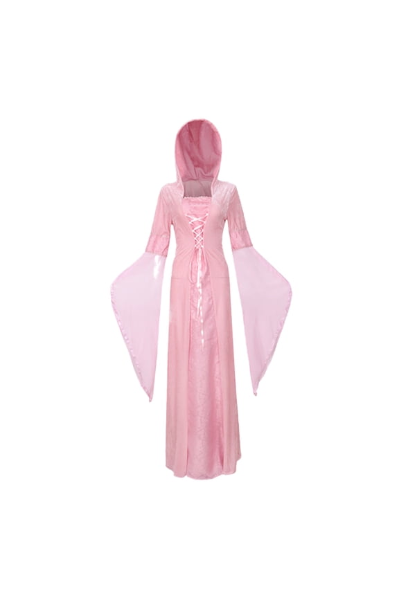 Halloween Medieval Cape Maxi Dresses For Women, Vintage Flare Sleeve Square Neck Long Gown Gothic Halloween Evening Party Long Dress Pink XL