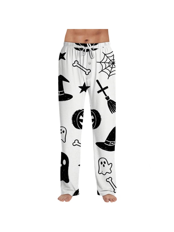 Halloween Pajamas Pants for Men Pumpkin Ghost Print Lounge Bottoms Elastic Waist Drawstring Sleepwear With Pockets White S