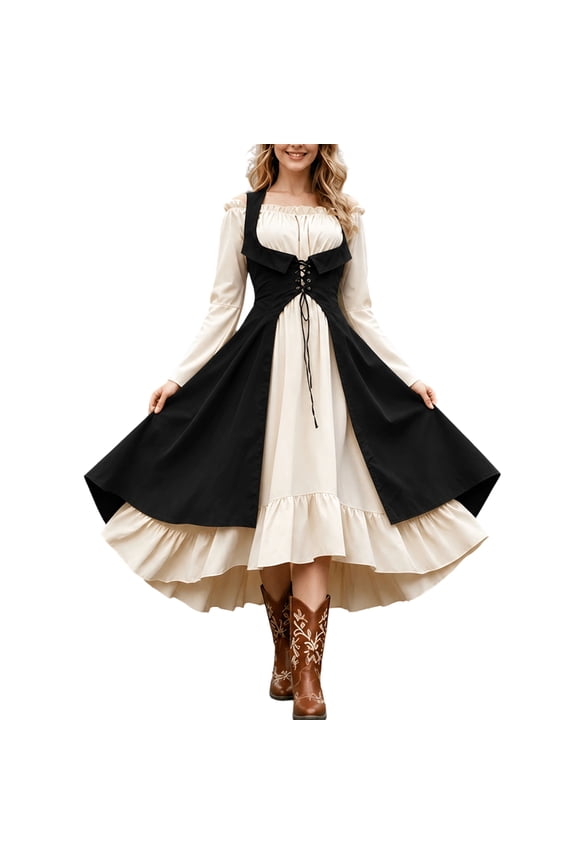 Halloween Renaissance Medieval Two Piece Dresses For Women, Victorian Lace Up Long Vest Overlay Fairy Midi Dress Vintage Halloween Party Outfit Black XL