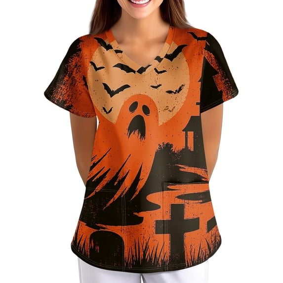 FGVCTG Halloween Scrub Tops For Women, V Neck Short Sleeve Halloween Skeleton Print Loose Fit Nurse Uniform Scrub Shirts with Side Pockets Saffron M