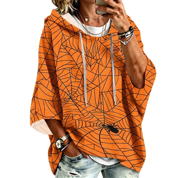 FGVCTG Halloween Sweatshirts for Women Drawstring 3/4 Sleeve Halloween Hoodie Ghost Graphic Spooky Oversized Pullover Hoodies Ginger L