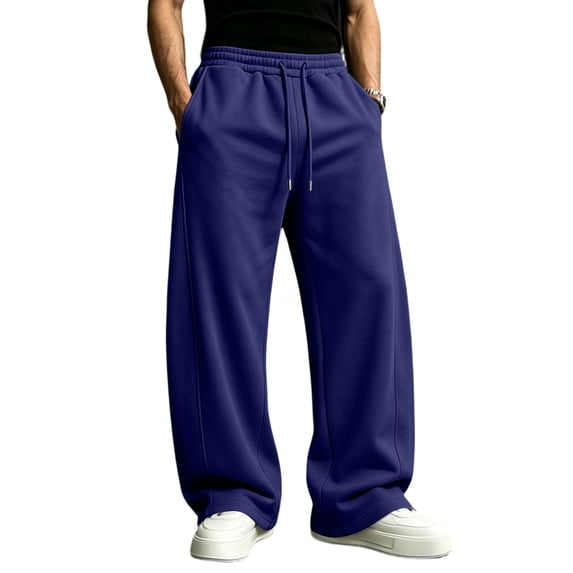 FGVCTG Men's Baggy Sweatpants, Solid Color Elastic Drawstring Wide Leg Jogging Pants with Pockets, Open Bottom Casual Sweat Pants for Everyday Wear Navy 2XL