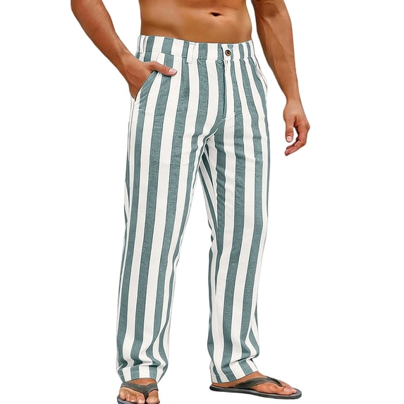 FGVCTG Men's Vertical Striped Cotton Linen Blend Pants Casual Elastic Waist Pleated Front Button Summer Beach Trousers with Pockets Mint Green S