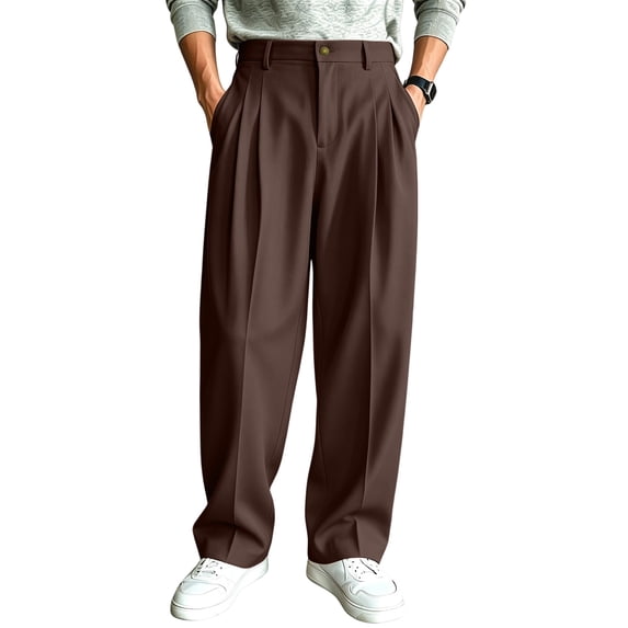 FGVCTG Mens Pleated Dress Pants, Classic Fit Stretch Waist Loose Lightweight Trousers Straight Casual Work Dress Slacks with Belt Loop Coffee 3XL