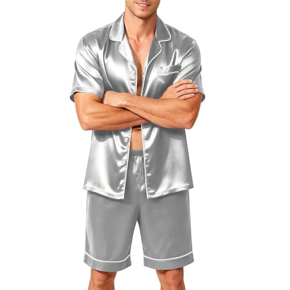 FGVCTG Mens Satin Silky Pajamas Set Short Sleeve Satin Pajamas for Men Sleepwear Button Down Pjs Set 2 Pieces Loungewear with Pockets Silver 2XL