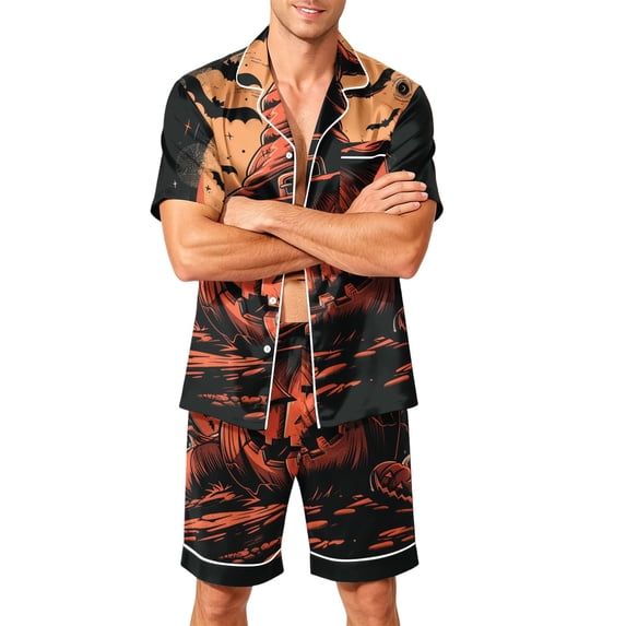 FGVCTG Pajamas for Men Halloween Ghost Starry Sky Print Silk Satin Button down 2 Pieces Summer Loungewear Sleep Pjs Set with Pockets Red L