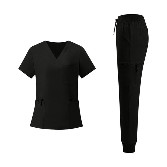 FGVCTG Women Quick Dry Scrub Sets, Solid V Neck Short Sleeve Top & Jogger Pants With Multi Pockets Comfort Uniform For Nurse Care Worker Medical Work Outfit Black M
