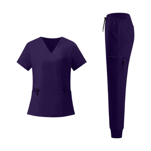 FGVCTG Women Quick Dry Scrub Sets, Solid V Neck Short Sleeve Top & Jogger Pants With Multi Pockets Comfort Uniform For Nurse Care Worker Medical Work Outfit Dark Purple 2XL