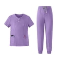 thumbnail image 1 of FGVCTG Women Quick Dry Scrub Sets, Solid V Neck Short Sleeve Top & Jogger Pants With Multi Pockets Comfort Uniform For Nurse Care Worker Medical Work Outfit Light Purple L, 1 of 5