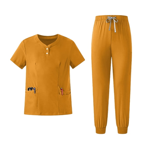 FGVCTG Women Quick Dry Scrub Sets, Solid V Neck Short Sleeve Top & Jogger Pants With Multi Pockets Comfort Uniform For Nurse Care Worker Medical Work Outfit Saffron L