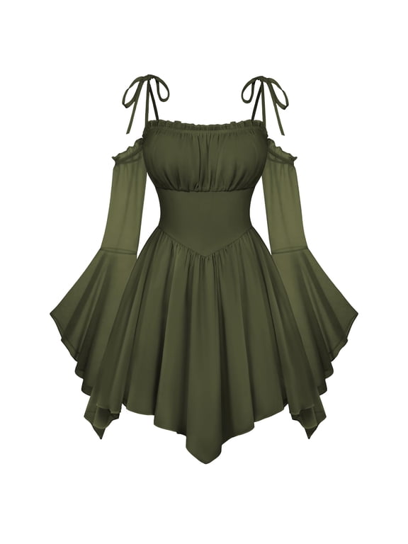 Women Renaissance Boho Fairy Dresses, Solid Off Shoulder Bell Sleeve Waist Cinch Flowy Mini Dress with Pockets Vintage Bohemian Party Outfit Army Green L