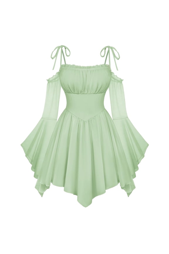 Women Renaissance Boho Fairy Dresses, Solid Off Shoulder Bell Sleeve Waist Cinch Flowy Mini Dress with Pockets Vintage Bohemian Party Outfit Green M