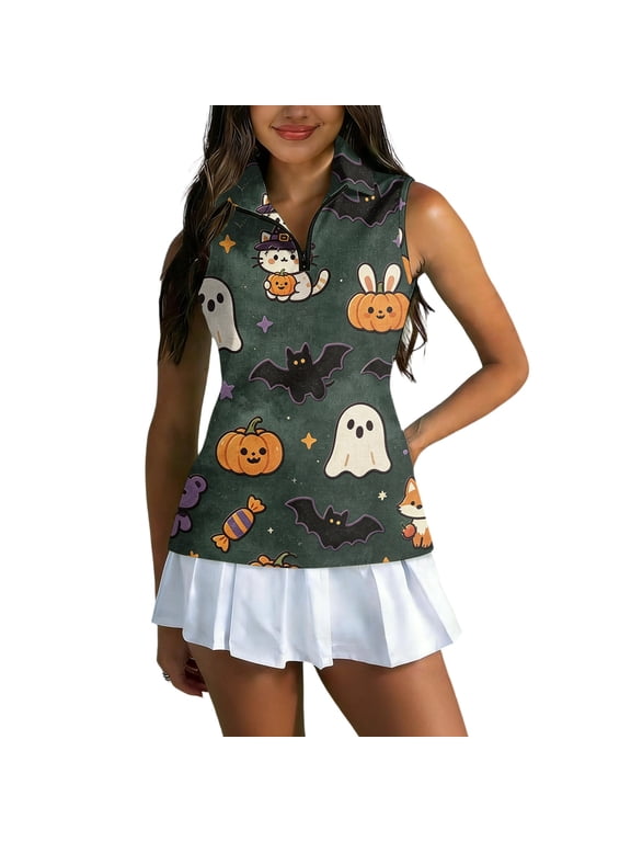 Women's Halloween Golf Shirt Sleeveless Collared Zip Up Tank Tops, Halloween Pumpkin Print Athletic Shirts for Themed Rounds Dark Green 2XL