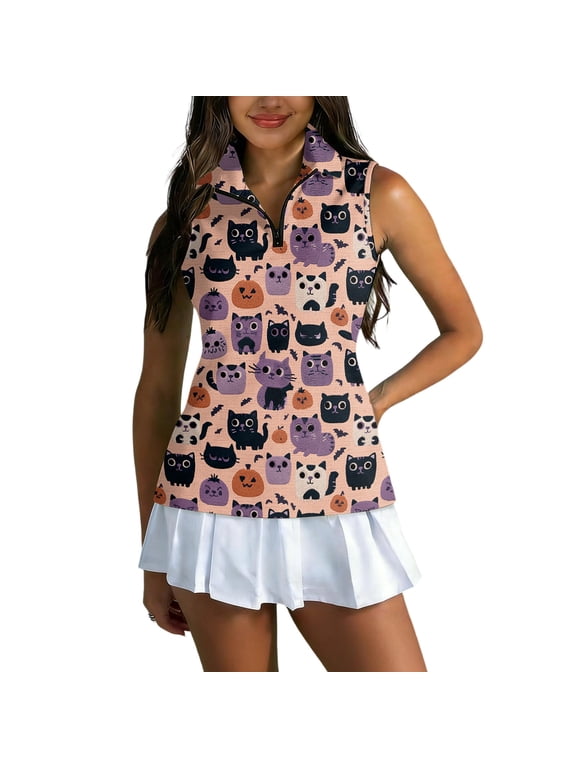 Women's Halloween Golf Shirt Sleeveless Collared Zip Up Tank Tops, Halloween Pumpkin Print Athletic Shirts for Themed Rounds Light Purple S