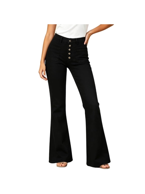 Womens Pull on Jeans,High Waisted Bell Bottom Skinny Flared Denim Pants ,Wide Leg Bootcut Pant with Pockets Black L