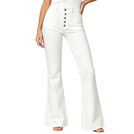 FGVCTG Womens Pull on Jeans,High Waisted Bell Bottom Skinny Flared Denim Pants ,Wide Leg Bootcut Pant with Pockets White M