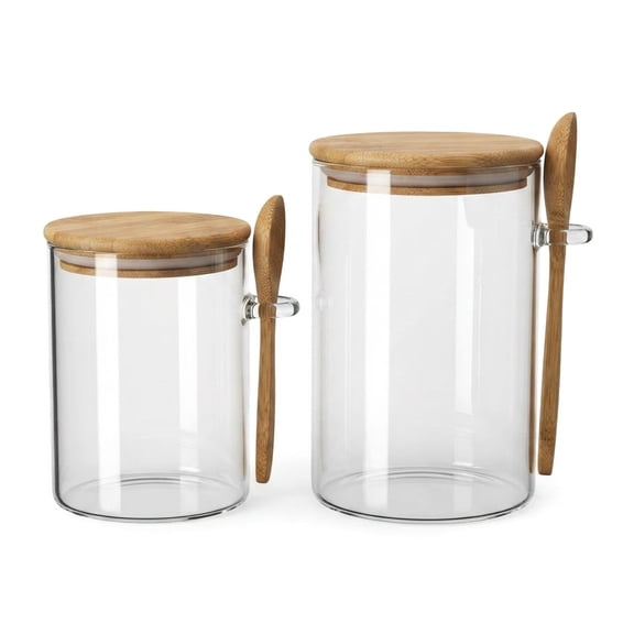 FGXMBXG 2-Piece Glass Kitchen Canister Set with Bamboo Lids and Spoons, 21.98 oz & 32.13 oz Food Storage Jars for Coffee, Sugar, Tea, Candy, Spices and Dry Food